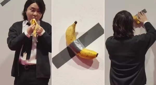Huyn-soo come a banana de obra de arte de Maurizio Cattelan   por Reprodução