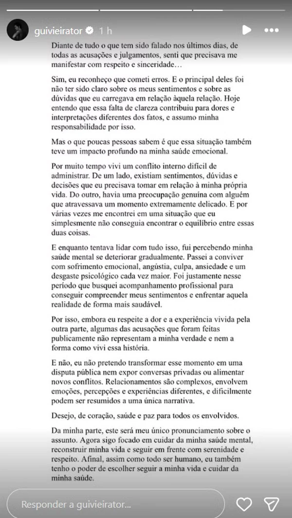 Gui Vieira, ex de Bruna Furlan, se pronuncia sobre término