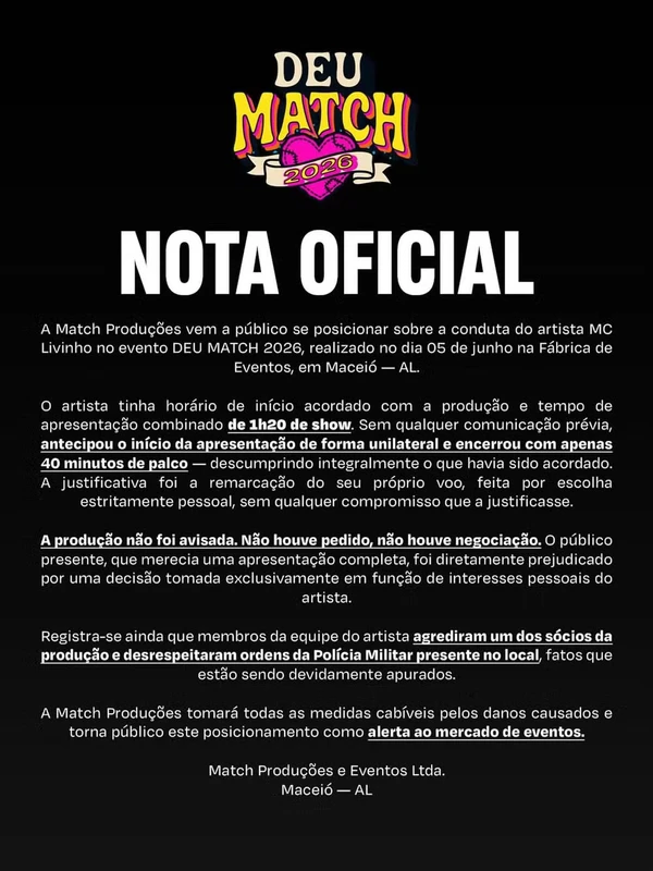 MC Livinho é escoltado pela PM após show de 40 minutos em Maceió; produtora diz que artista 'descumpriu contrato'  por Reprodução/Instagram