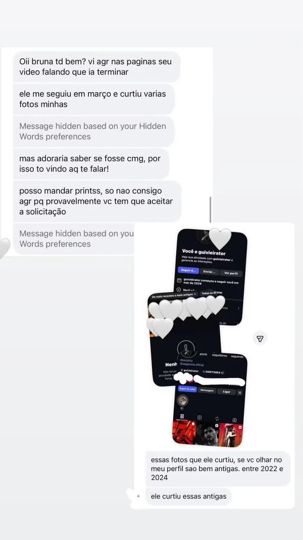 Prints de mensagens que Bruna Furlan recebeu sobre as traições de Guilherme Vieira