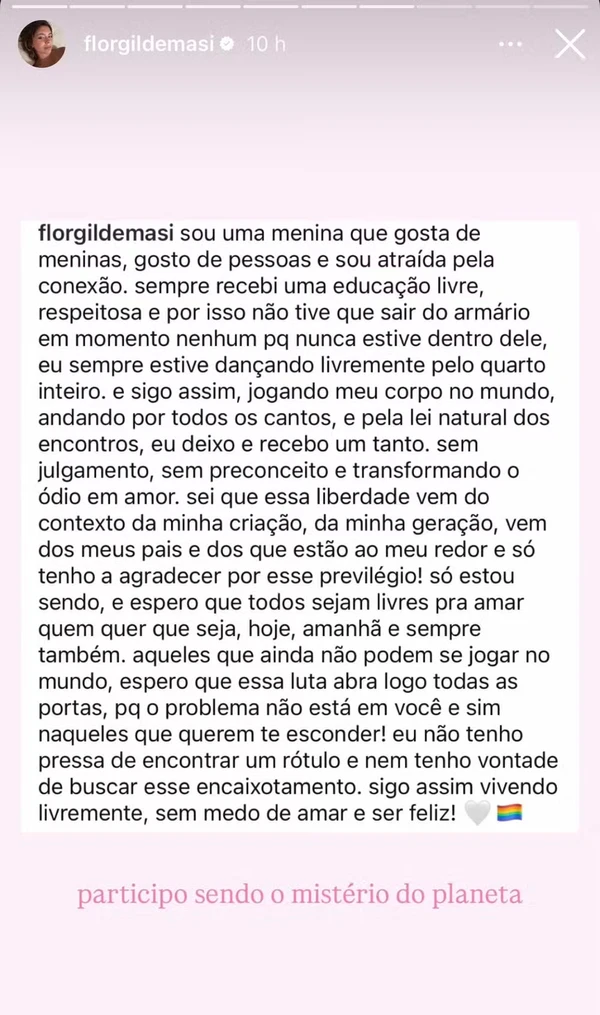 Story de Flor Gil falando sobre sua sexualidade e o mês do orgulho LGBT  por Reprodução/Instagram