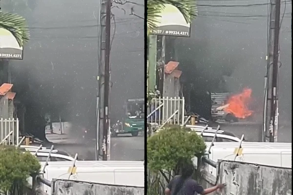 Carro pega fogo, desce ladeira desgovernado e bate em ônibus em Salvador