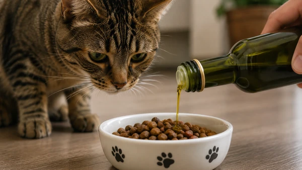 Trânsito intestinal mais regular e pelagem com melhor aparência estão entre os efeitos associados ao uso moderado de azeite na alimentação felina